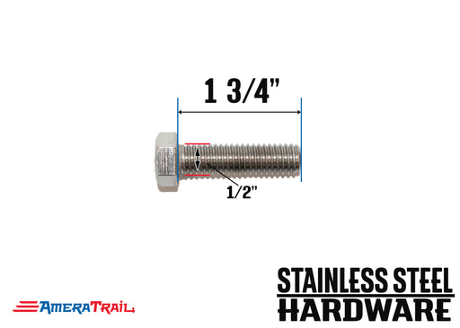 Stainless Steel Bolt 1/2 x 1 3/4", Hex Head - Available w/ Nut and Washer Hardware