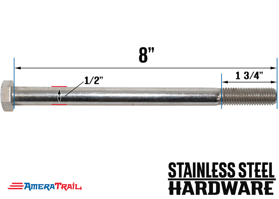 Stainless Steel Bolt 1/2 x 8", Hex Head - Available w/ Nut and Washer Hardware