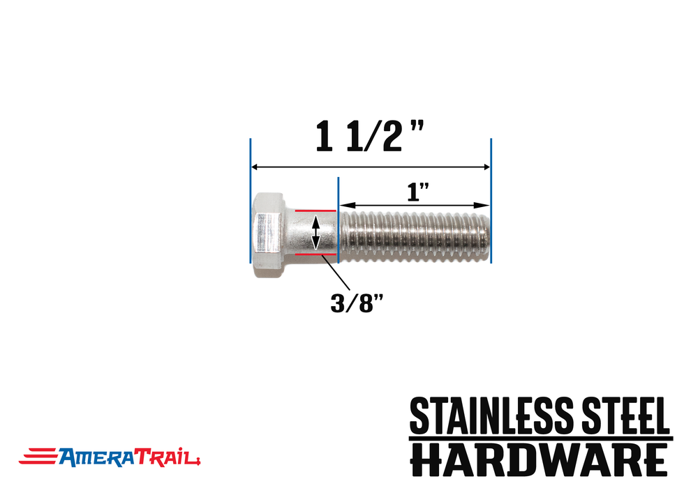 Stainless Steel Bolt 3/8 x 1 1/2", Hex Head - Available w/ Nut and Washer Hardware