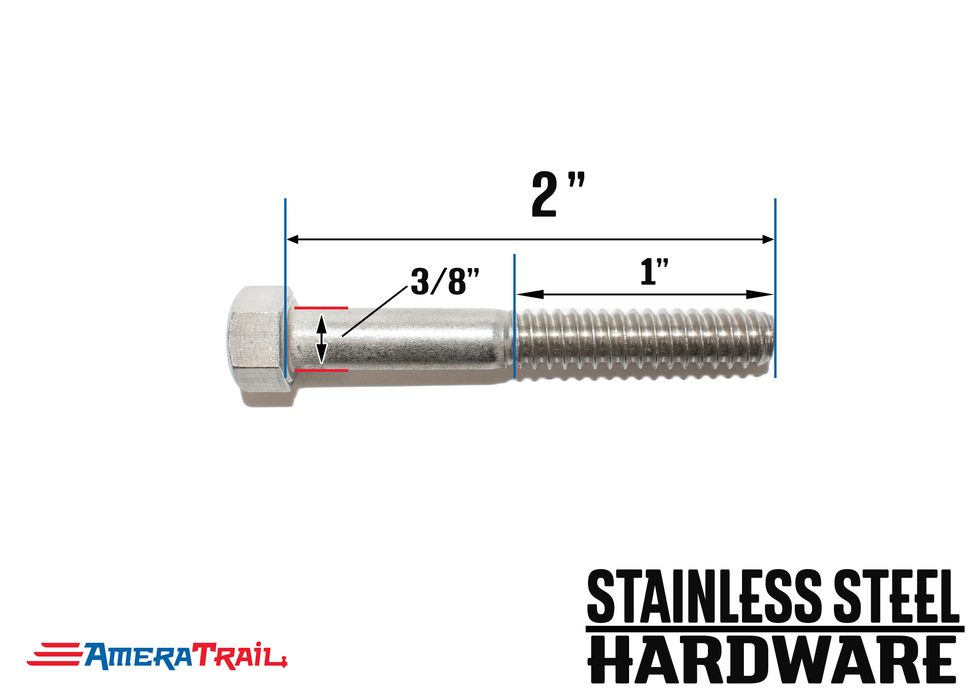 Stainless Steel Bolt 3/8 x 2", Hex Head - Available w/ Nut and Washer Hardware